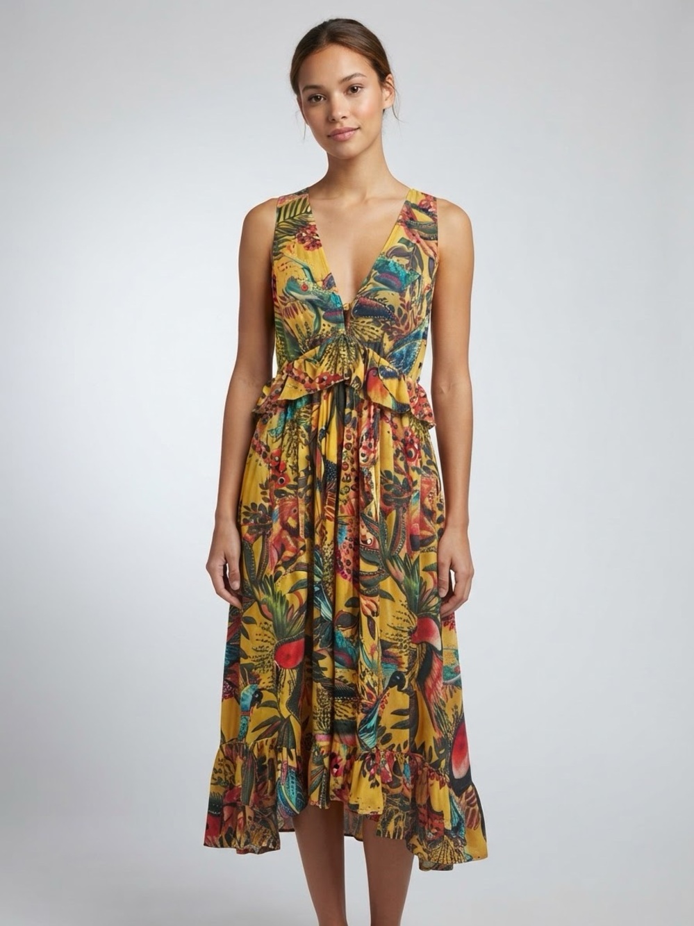 FARM Rio Yellow Tropical Floral V‑Neck Midi Dress size Small
